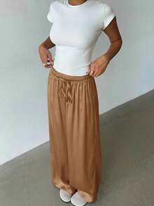 Aloruh Falda larga de satén de color marrón jaspeado de cintura baja, versátil y de estilo retro casual para mujer - Camel - Ver 4