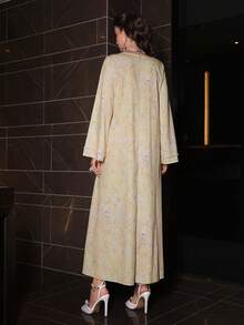 Al Najma Damen Frühling/Sommer gewebtes digital bedrucktes Langarm Perlen elegantes luxuriöses arabisches Kleid - Gelb - Übersicht 2