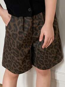 DAZY Young Girl' Leopard Print Denim Shorts - Brown - View 1