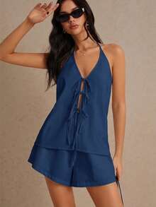 Poéselle 女士夏季纯色露背系带背心和短裤休闲两件套，亚麻系带背心短裤两件套，面料透气舒适，简约时尚复古风，适合日常度假通勤居家穿着。 - 藍色 - 查看 3