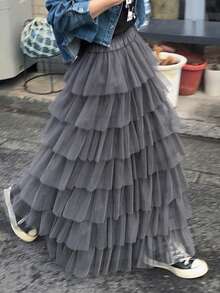 FRIFUL Women's Elastic Waist Layered Mesh Patchwork Cake Skirt, Suitable From Spring To Summer - Black - View 1