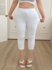 SHEIN EZwear 大码女式纯色蕾丝拼接休闲百搭日常穿着打底裤 - 白色 - 查看 7