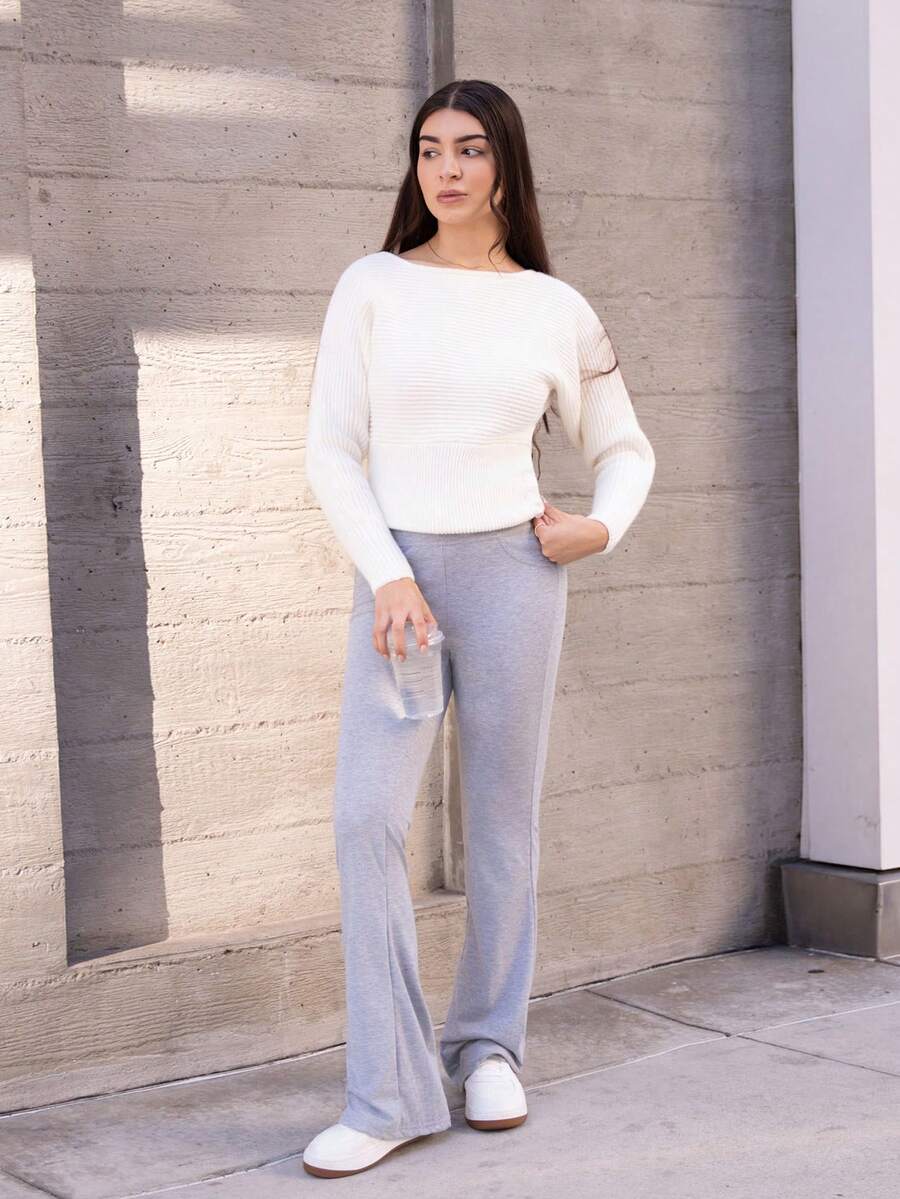 Andrea Bello 复古风格灰色系腰喇叭腿运动裤 - 灰色 - 查看 1