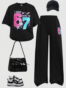 SHEIN 少女休闲日常黑色针织数字67印花圆领宽松落肩褶皱简约套头卫衣和短裤两件套 - 黑色 - 查看 1