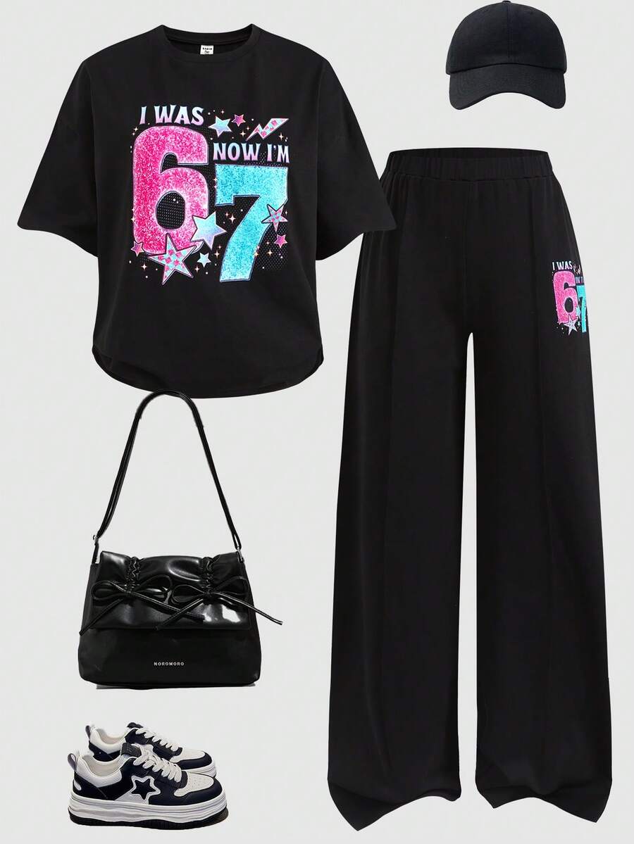 SHEIN 少女休闲日常黑色针织数字67印花圆领宽松落肩褶皱简约套头卫衣和短裤两件套 - 黑色 - 查看 1