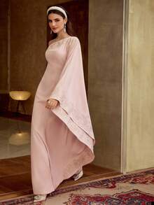 ZEYLAH Women's Elegant Embroidered Detail Loose Shoulder Arabic Dress, Autumn - Pink - View 6