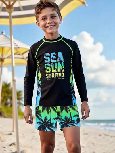 SHEIN Conjunto de tankini de punto con estampado de árboles de coco tropicales para niños, adecuado para playa, natación, vacaciones, surf, buceo en verano