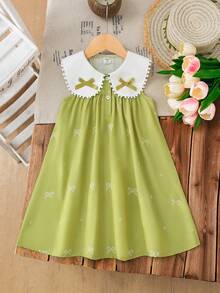 SHEIN Genkimix Kids Đầm casual cho bé gái màu xanh lá cây in nơ, cổ trắng, trang trí hình bướm. - màu xanh lá - Xem 6
