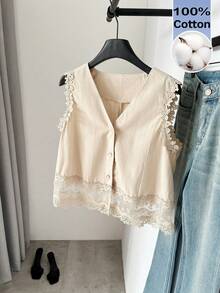 Serisse Áo vest nữ 100% cotton màu trơn phối ren, kiểu dáng Pháp mùa hè, cổ chữ V, chất liệu 100% cotton, viền ren, chất liệu lưới rỗng, thoáng mát và ngọt ngào, thích hợp cho đi làm và mặc thường ngày, tối giản, đa năng cho công sở hoặc dự tiệc, áo ren, mùa hè, áo mùa hè, ngày Valentine, trang phục lễ hội cho nữ, đi biển, áo đi chơi, áo kiểu nữ thanh lịch, áo kiểu thường ngày cho nữ - Màu be - Xem 7