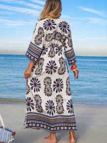 Swim Shayni 女士V领七分袖收腰长款开衩沙滩连衣裙，印花图案，可作罩衫 - 軍綠色 - 查看 2