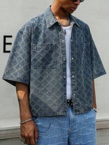 Manfinity EMRG Men's Casual Crochet Blue Denim Short Sleeve Shirt, Street Style - Medium Wash - View 7