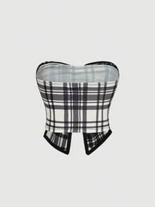 SHEIN MOD Petite 适合身高150-160厘米的娇小身材，完美贴合娇小身形，专为娇小女性设计，女士格子蝴蝶结装饰抹胸上衣，时尚夏季之选。娇小款黑白格子蝴蝶结胸衣上衣。无肩带，挺括有型，经典优雅，柔软舒适，修身百搭，魅力十足，适合情人节、春假等场合。 - 黑與白 - 查看 2
