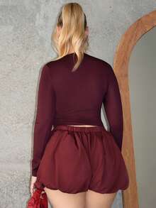 Arliah Camiseta de manga larga ajustada y elegante con escote en V profundo y decoración metálica, color ciruela, nueva llegada de otoño/invierno - Rojo violeta - View 2