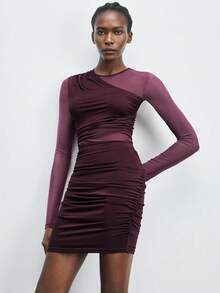 Maija Women's Solid Color Mesh Patchwork Long Sleeve Mini Dress,High Stretch Ruched Resort Wear 2026,Pink Plaid,Autumn,Seksi Chic,Night Out Club - Burgundy - View 5