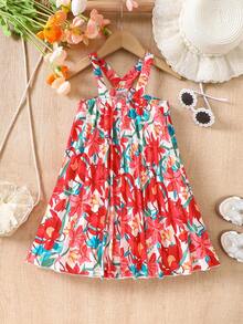 SHEIN Young Girls Casual Sleeveless Tropical Floral Print Dress, Spring/Summer New Arrival - Red - View 2