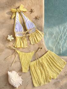 Swim Vcay Conjunto de bikini 2026 de verano para mujer con top corto de tirantes finos con cuentas, espalda descubierta y shorts, tela texturizada amarilla con fruncido y cordón, para vacaciones en la playa, orientación aleatoria - Amarillo - Ver 7