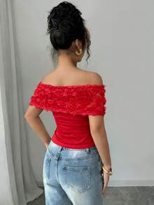Rafferiza Women Romantic Valentine's Day Red 3D Rose Flower Off Shoulder Large Lapel, Ruched Irregular Hem Slim FitRuched Women Elegant Ruched Bodycon T-Shirt,Spring/Summer Red Off Shoulder Top Red Tops Women Sexy Red Top Women Cute Red Top Red Tube Top - Red - View 2
