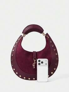 SHECARRY Ladies Vintage Semicircle Bag With Rivet Trim And Exquisite Hardware - Burgundy - View 3