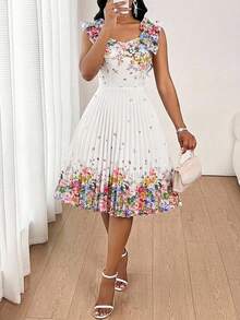 SHEIN Lady Women's Elegant Romantic Floral Print Pleated Mid-Length Dress - Multicolor - View 4