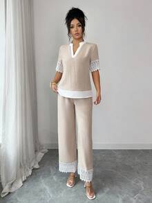 SHEIN Elenzya 优雅浪漫花卉蕾丝边宽松上衣+裤子两件套，适合度假和通勤。 - 杏色 - 查看 8
