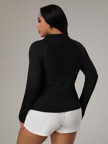 Rhythm Era Plus Size Women's Casual Minimalist Half-Zip Loose Fit Sweatshirt,Black Summer Athletic Midsize Gym Workout Top Zipper Front Long Sleeve Activewear - Black - View 2