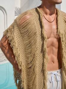 Manfinity RSRT Men's Solid Color Fringe Cardigan Earthy Clothes Men Men Festival Outfit Men S Beach Cover Up Men S Fringe - Apricot - View 5