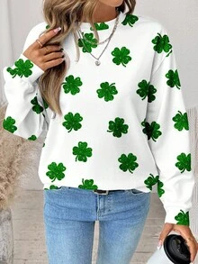 SHEIN LUNE Sudadera holgada de mujer con estampado gráfico de trébol de cuatro hojas para el Día de San Patricio - Fiestas festivas, primavera, vacaciones de primavera - Multicolor - Ver 4