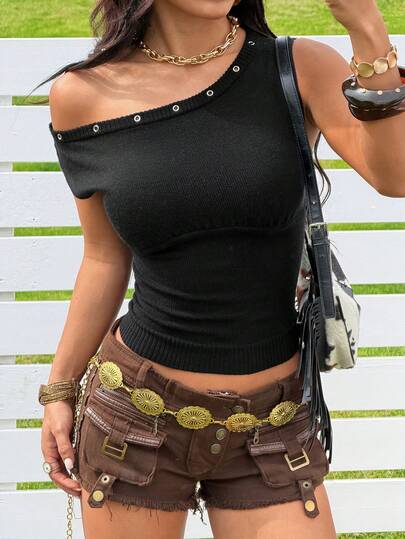 SHEIN EZwear Women's Oblique Shoulder Minimalist Everyday Sweater