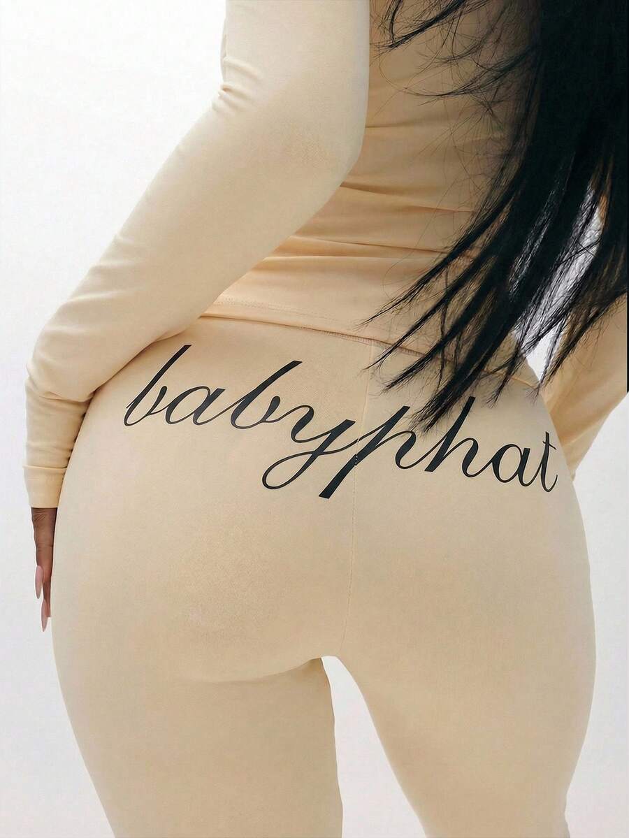 BABYPHAT 女士套穿式喇叭裤，印花弹力高腰喇叭裤，休闲街头风 - 奶油色 - 查看 1