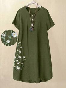 Linhara Plus Size Embroidered Button Front Casual Dress - Olive Green - View 1