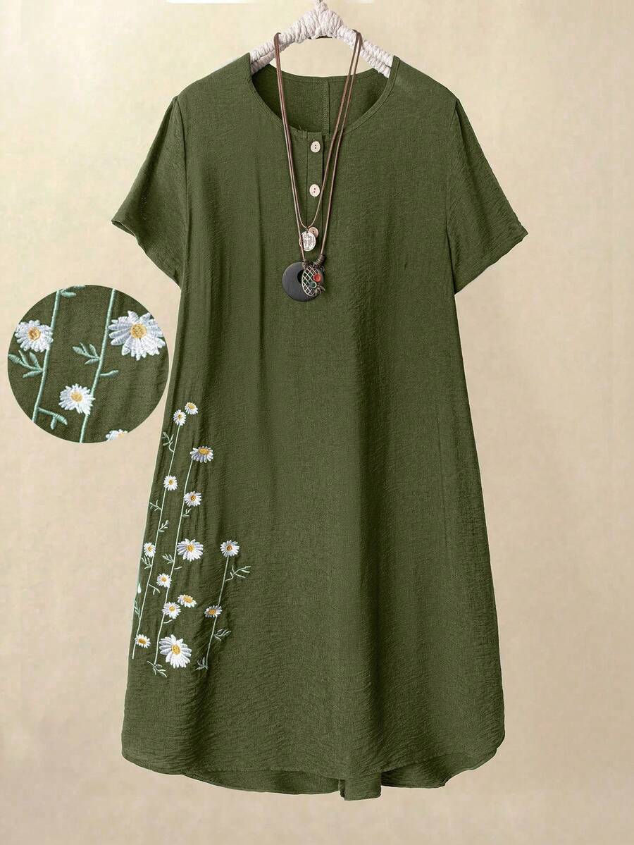 Linhara Plus Size Embroidered Button Front Casual Dress - Olive Green - View 1