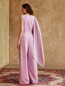 ZEYLAH Women's Solid Color Pleated Shawl Design Casual Jumpsuit For Travel & Vacation, Spring/Summer - Mauve Purple - View 4