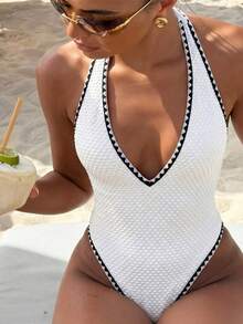 Bonvoyette Women's Deep V-Neck Backless One-Piece Swimsuit, Suitable For Beach & Holiday, Spring/Summer - White - View 3