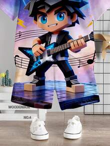 SHEIN Young Boy Casual Simple T-Shirt Set, Suitable For Spring & Summer, Classic Cool Cube Pixel 3D Cartoon Character Space Concert Bass Guitar Graphic Print - Multicolor - View 5