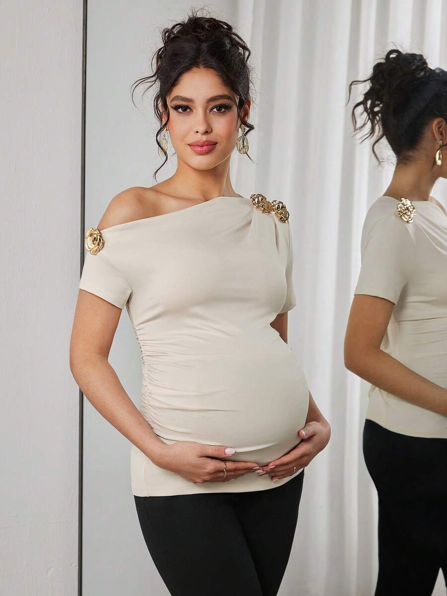 Momance Maternity T-Shirt With Oblique Shoulder, Short Sleeve, Waist Ruched, Embroidered Floral Decor, Fitted - Apricot - View 1