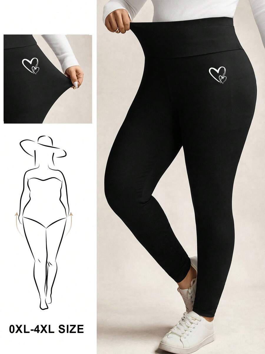 SHEIN LUNE Quần legging nữ cỡ lớn in hình trái tim, thích hợp mặc mùa xuân/hè. - màu đen - Xem 1