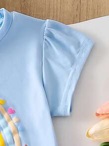 SHEIN Bộ 2 món gồm áo thun in hình cầu vồng và trái tim cùng quần dài thoải mái dành cho bé gái. - Màu xanh lam - Xem 5