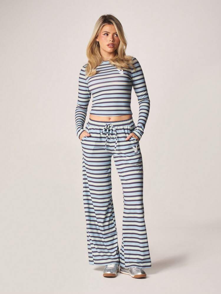 Missguided x Playboy Striped Long Sleeve Fitted Top And Wide Leg Trouser Two Piece Lounge Set With Crew Neck For Casual Comfort Loungewear
