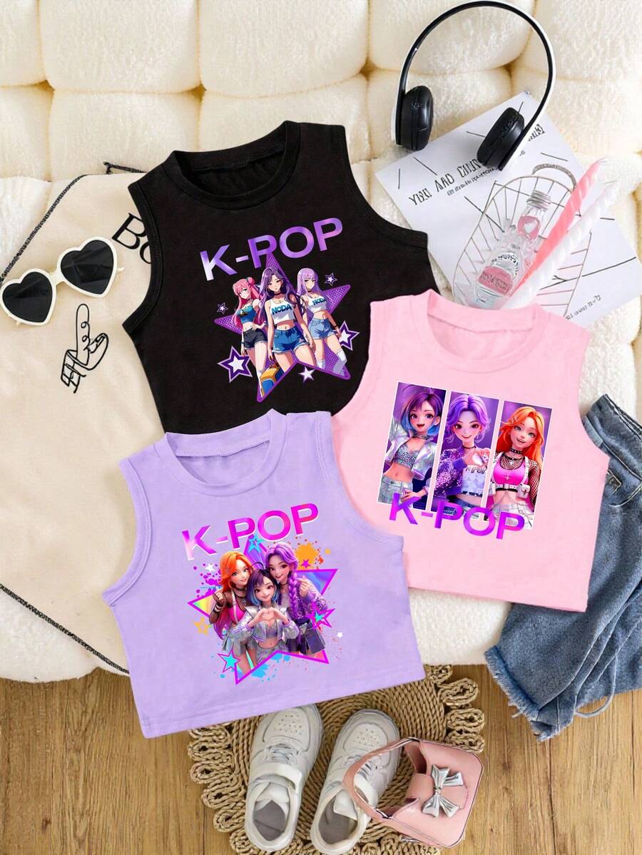 Bộ 3 áo tank top không tay in hình nhóm nhạc nữ hoạt hình ngôi sao dễ thương, phong cách thường ngày, sáng tạo, cá tính, tối giản, thoải mái, phù hợp cho mùa xuân, hè và thu. - Nhiều màu - Xem 1
