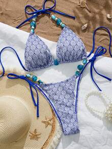 Swim Mod Women's White And Blue Floral Summer Boho Pool Party Holiday Bikini Set,Textured Geometric Striped Halter Tie-Up Backless Beach Vacation Swimsuit - Blue and White - View 1