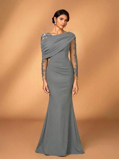 Serin فستان أنيق رومانسي فاخر رمادي اللون مصنوع من قماش مضلع مرن مع شبكة تباين، ذو كشكشة غير متماثلة على الكتف، قصة ضيقة وذيل سمكة، مناسب لحفلات المساء، المواعيد، الحفلات، العطلات، الزفاف، وفستان أم العروس