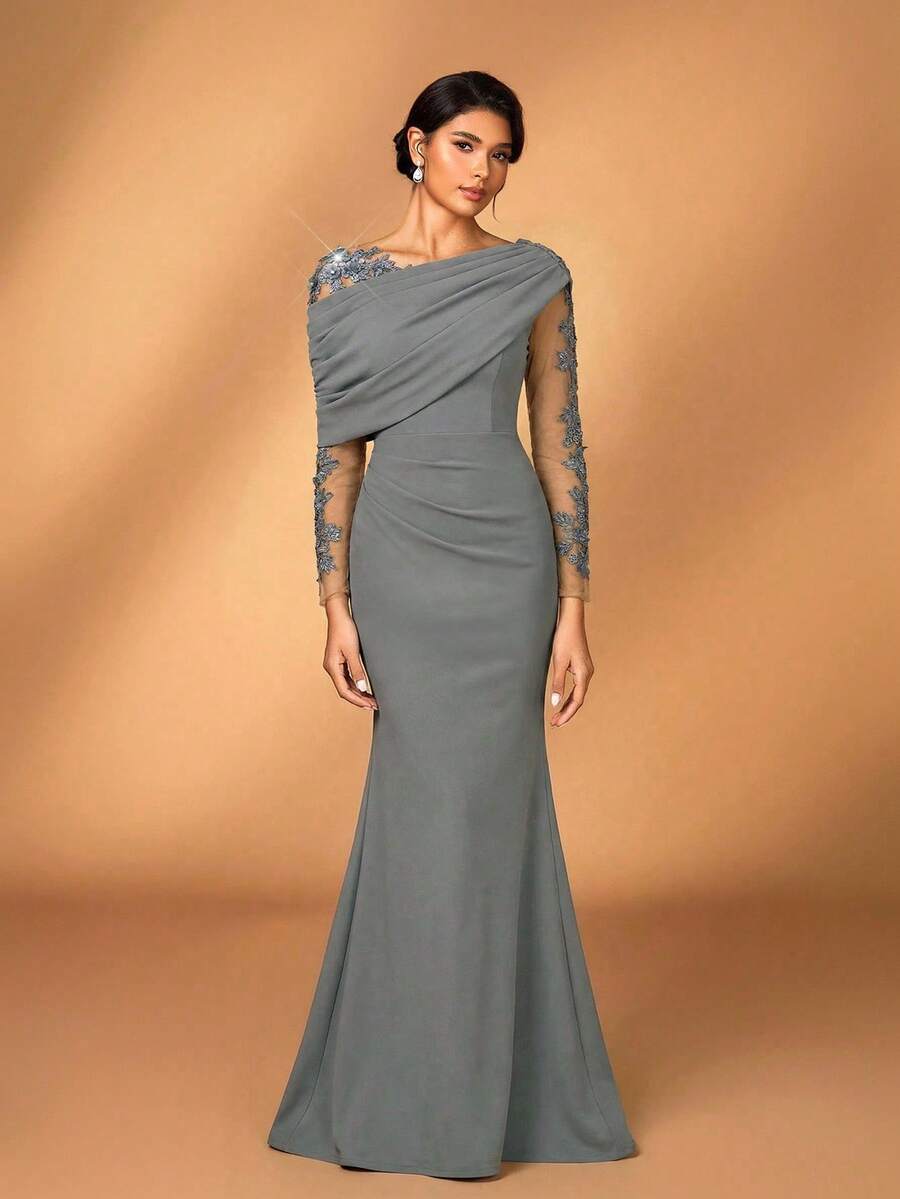 Serin Đầm dáng xòe đuôi cá, thanh lịch, lãng mạn, màu xám, chất liệu dệt kim co giãn, phối lưới tương phản, vai bất đối xứng, bèo nhún, thích hợp cho tiệc tối, hẹn hò, dạ hội, kỳ nghỉ, đám cưới, hoặc làm đầm cho mẹ cô dâu. - Màu Xám nhạt - Xem 1