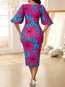 SHEIN Lady 女士撞色印花短袖中长连衣裙 - 彩色 - 查看 2