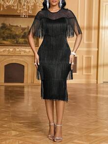 SHEIN Lady Women's Fashionable Black Midi Dress With Fringe - Black - View 4