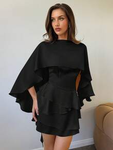 Vestido azul sólido sin mangas con chal desmontable para mujer, vestido mini sexy, lindo y romántico retro para citas - Negro - Ver 9