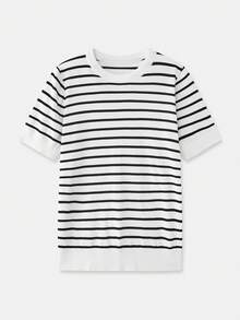 Maija Graphic Women's Striped Knit Top, Round Neck, Short Sleeve, Casual Urban Valentine's Day Vacation Outfits Women Spring To Summer Beach Outfit - Black and White - View 1