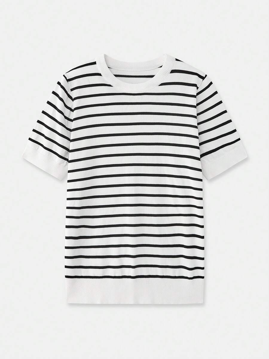 Maija Graphic Women's Striped Knit Top, Round Neck, Short Sleeve, Casual Urban Valentine's Day Vacation Outfits Women Spring To Summer Beach Outfit - Black and White - View 1