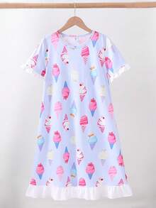 Girls Cute Style Light Blue Ice Cream Pattern Short Sleeve Ruffle A-Line Nightgown - Baby Blue - View 4