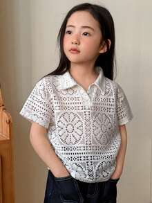 DAZY 女童镂空短袖T恤 - 杏色 - 查看 3