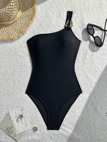 SHEIN Teen Girls Black One-Piece Swimsuit With Metal Buckle Decor, Suitable For Beach & Holiday, Summer One Piece Bathing Suit One Piece Swimsuits - Black - View 6